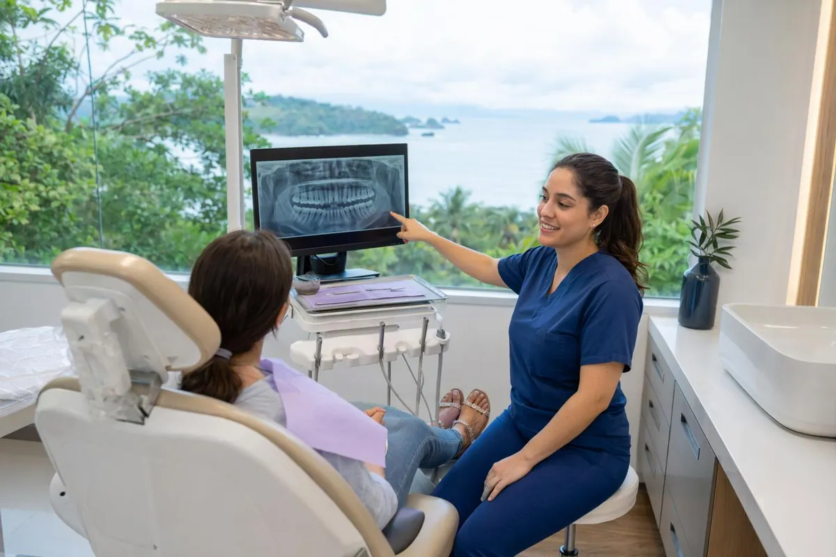 Dentist explaining a digital dental X-ray to a patient in Jabalpur